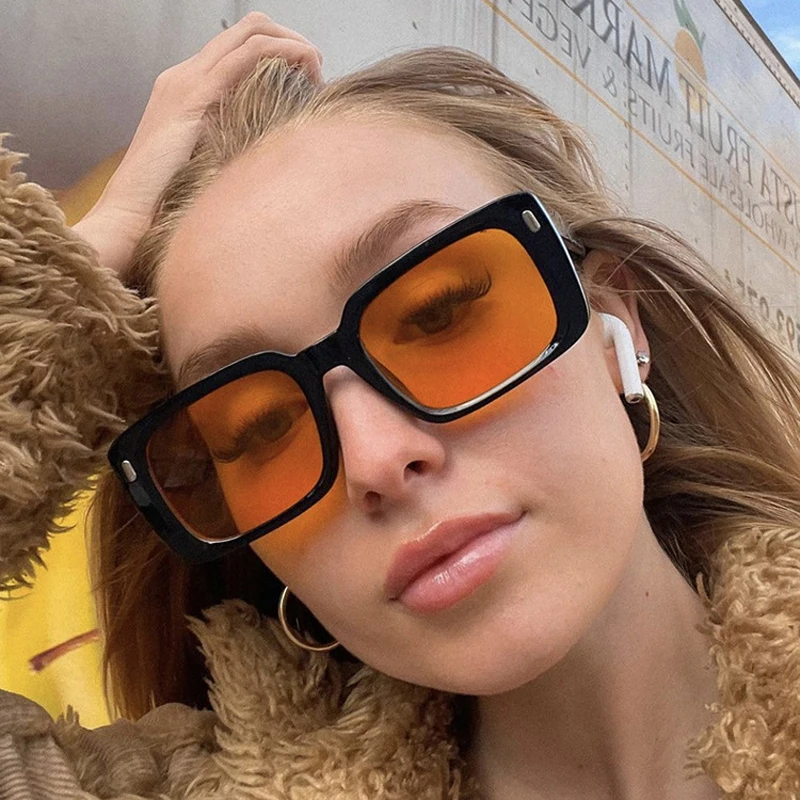 Fashion Square Sunglasses Woman Vintage Orange Brand Designer Sun Glasses Female Shades Mirror Outdoor Retro Rivet Eyewear