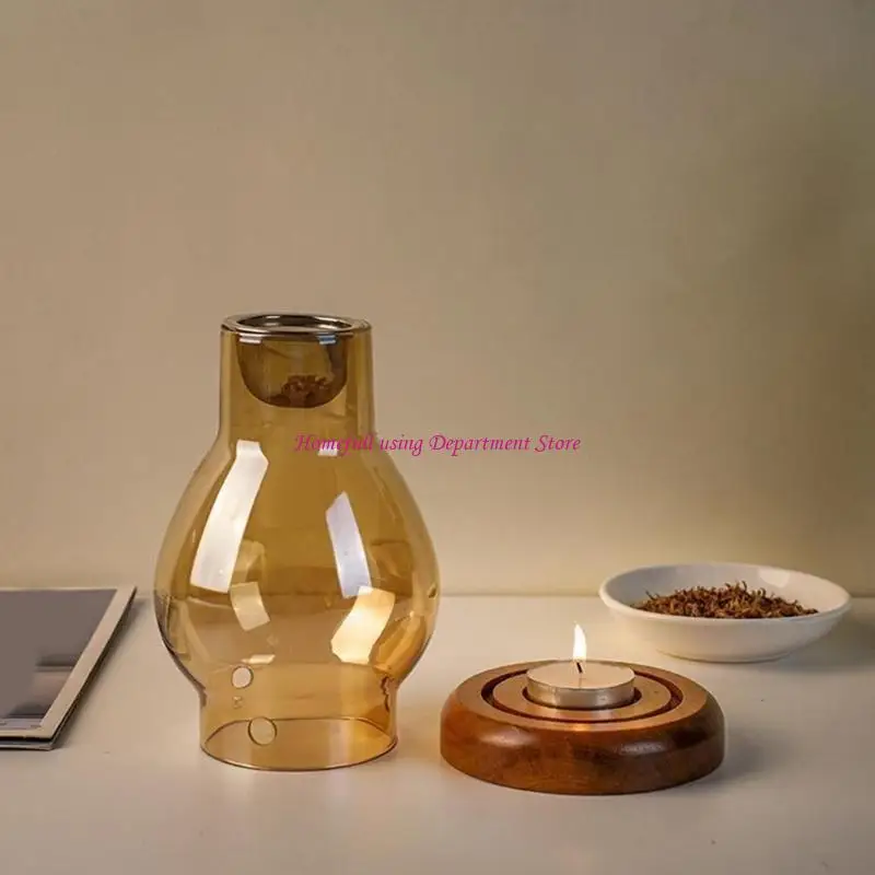 Hochtemperaturbeständige Duftlampe aus Glas mit Kerzenhalter auf Holzbasis