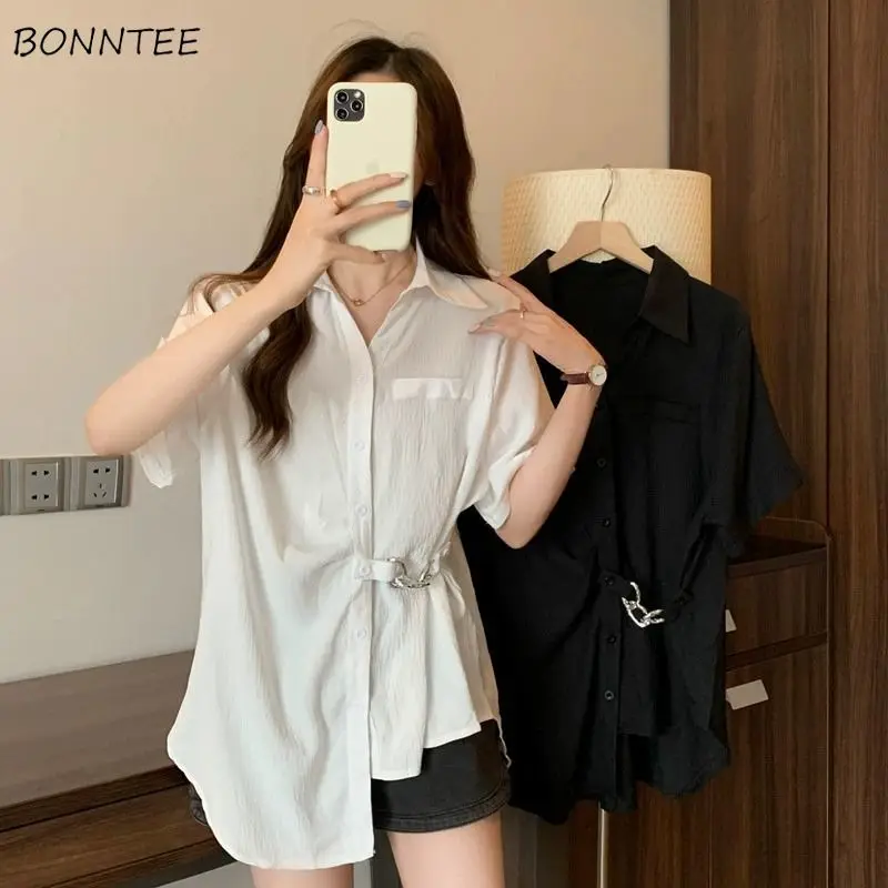 

Shirts Women Chain 3XL Asymmetrical Short Sleeve Mid-length Bodycon Loose Korean Style Commuting Personality Stylish Casual BF