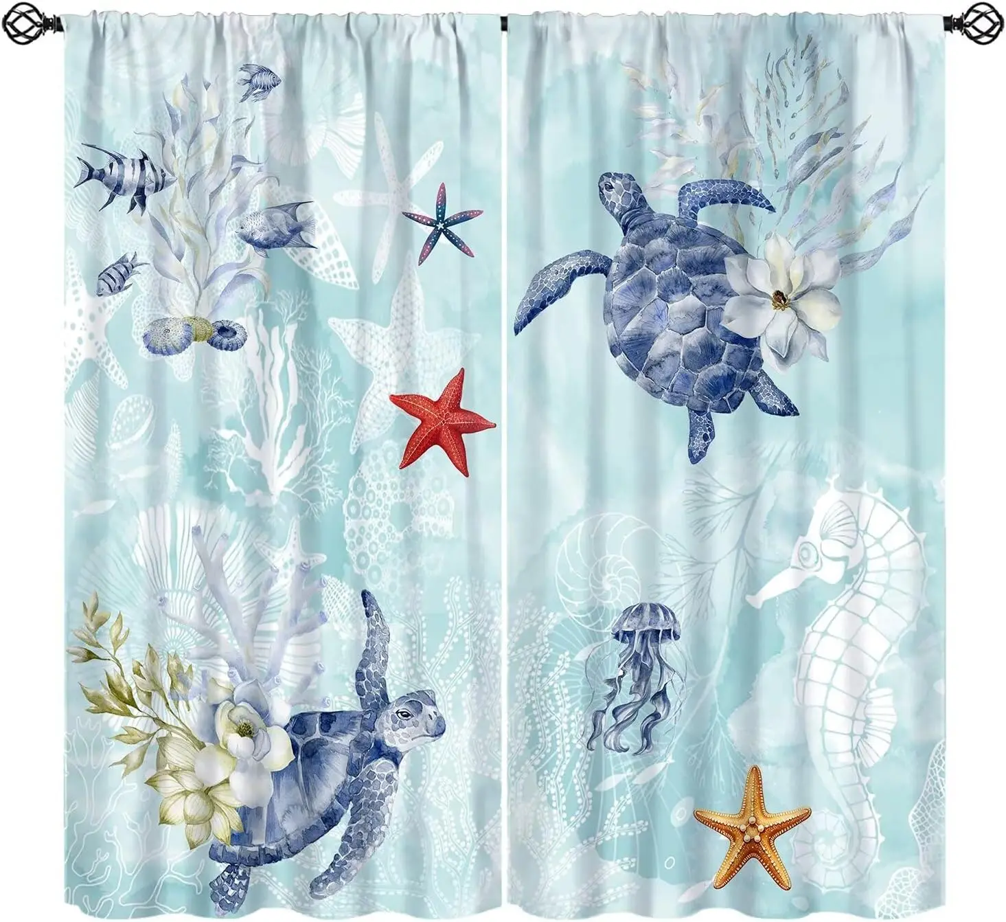 Cortina de Acuarela con Tortuga Marina, 2 Paneles, Azul Claro, Estrella de Mar, Caballito de Mar, Cortina de Ventana para Dormitorio Principal, Decoración Marina para el Hogar