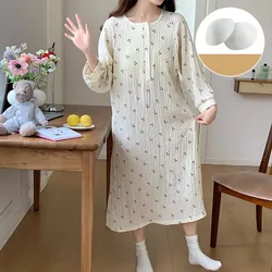 Chest Padded Women's Cotton Nightgowns New Korean Loose Sleepwear Home Dress New Long Sleeve Spring Autumn Girls Nightdress