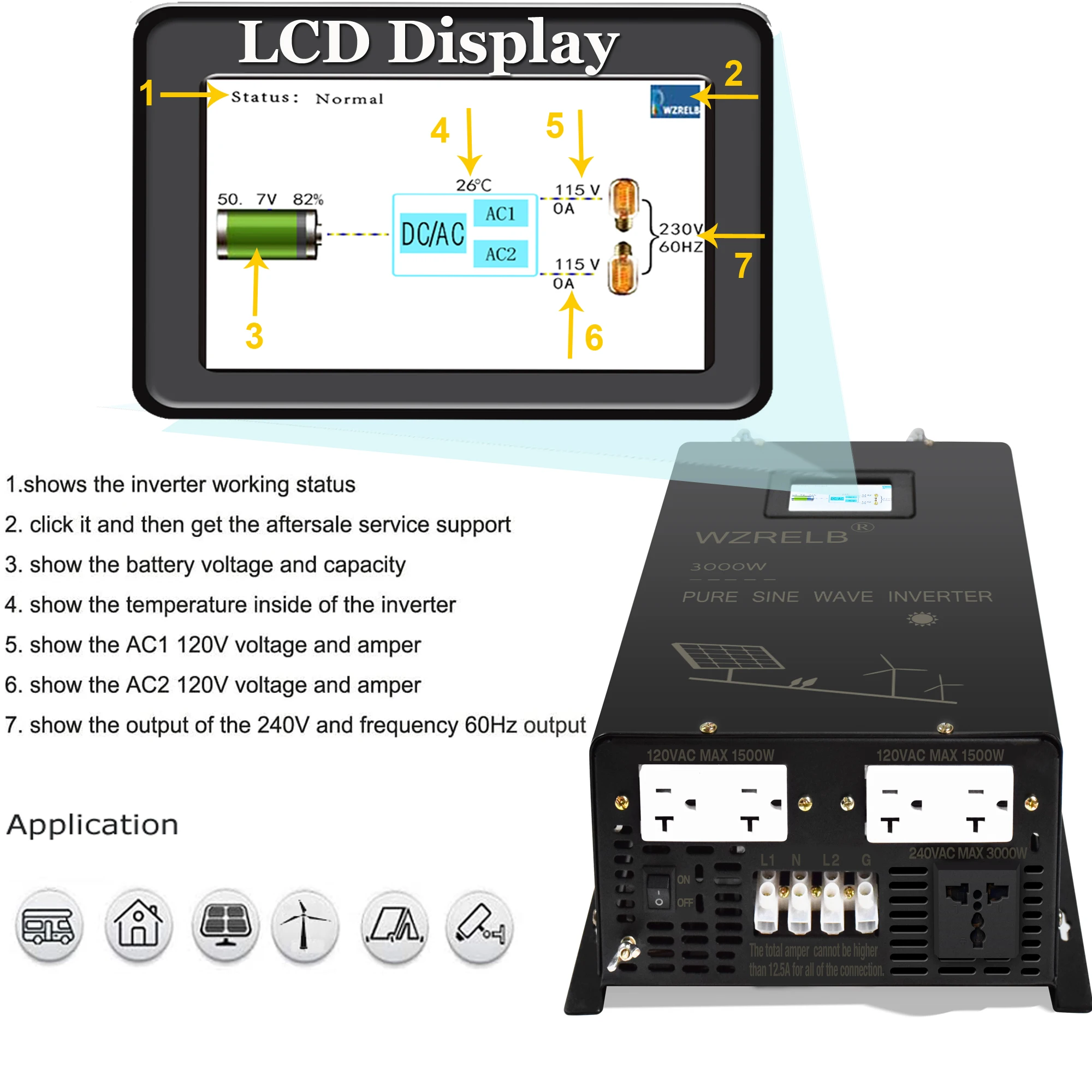 

2025Pure Sine Wave 3000W Split-phase solar Inverter 24V/48V/72V/96V DC to 110V&220V/120V&240V AC Converter For Off Grid Power Ba