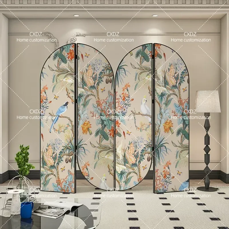 European American Style Folding Screen Partition Opaque Flower Bird Pattern Room Divider for Living Room Bedroom Bedside