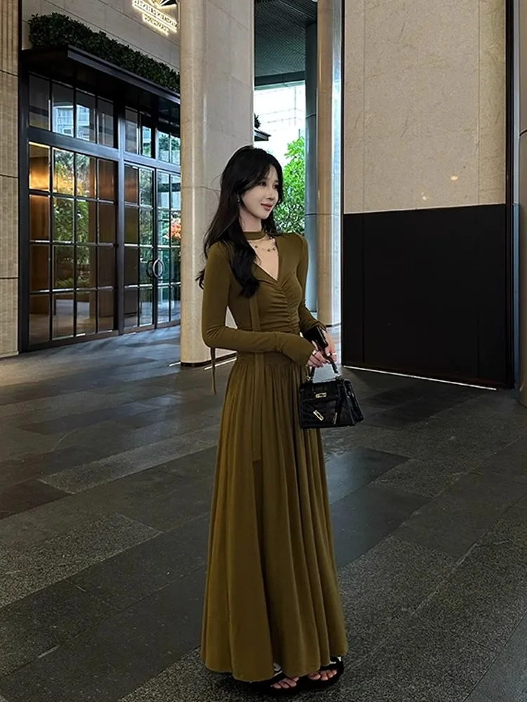 Dresses Long Sleeved Womens Civil Wedding Spring Satin Twisted All-Match Flared Waistless Dropped Shoulder Minimalist Chic Style
