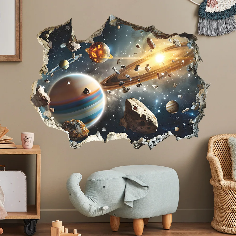 Creative fashion technology sense broken wall Cosmic planet bedroom living room background landscaping decorative wall stickers