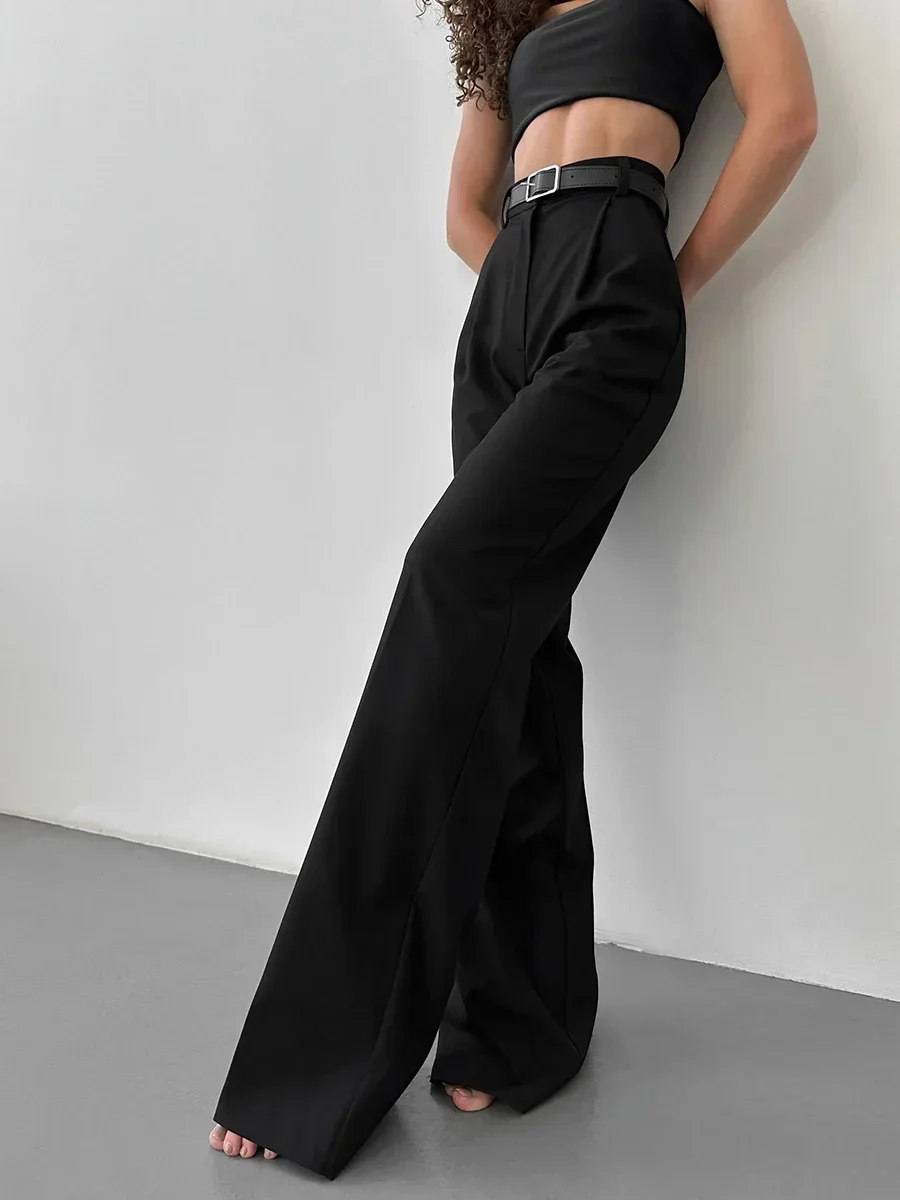 Wolfeel Office Ladies Full Length Trousers Women High Waist Pants Pockets Female Pleated Wide Leg Solid OL Pants Women Clothes