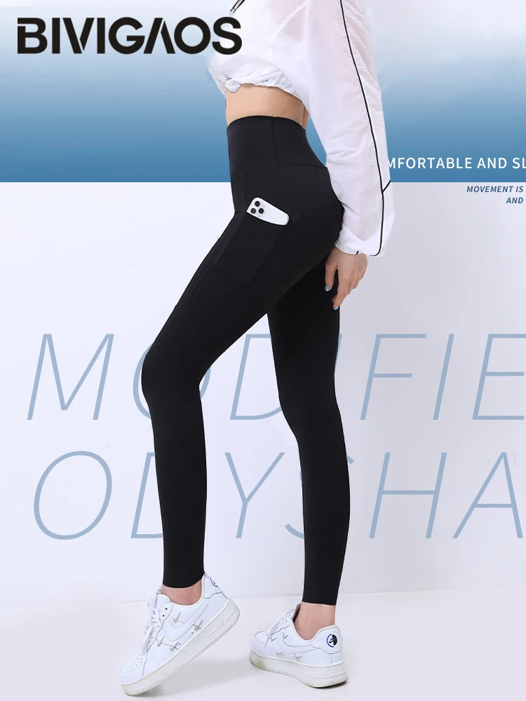 BIVIGAOS Double Pocket Shark Leggings Women Spring Fall High Waist Seamless Skinny Pants Running Sport Yoga Fitness Leggings