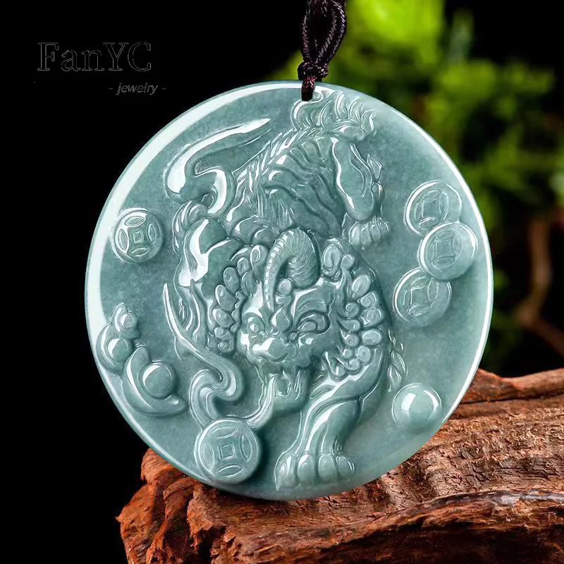 

Myanmar A-goods Jadeite Blue Water Brave Pendant Hand-carved Exquisite Luxury Glutinous Jade Necklace Men and Women Holiday Gift