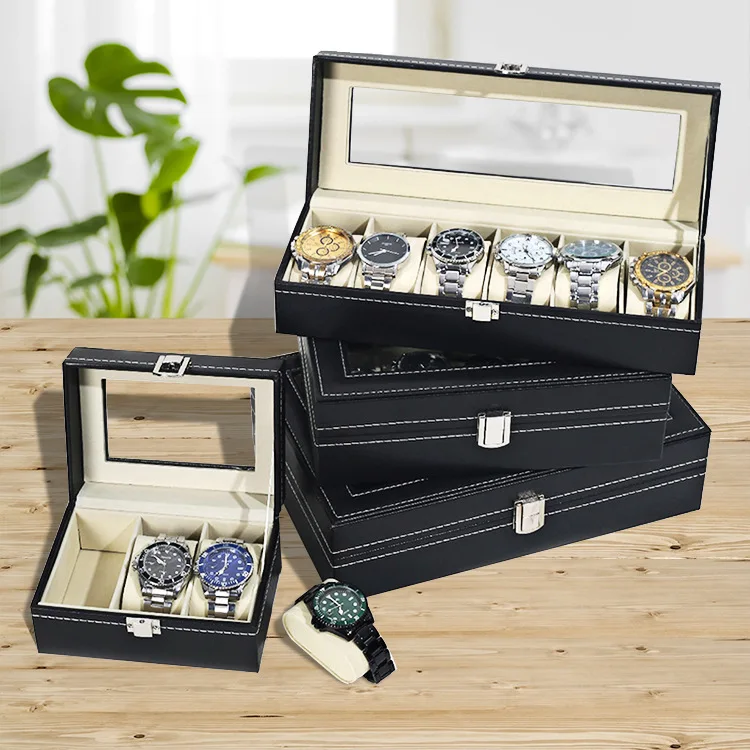 

PU Leather Watches Storage Box with Glass Top Classic Style Watch Display Case Multiple Slot Watch Organizer Tray Watches Holder