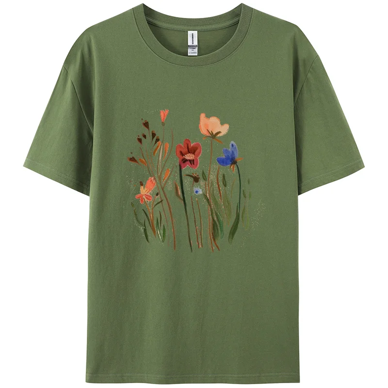 Round Neck Women's T-shirt Pastoral Print 100% Cotton Breathable Fabric Daily Leisure Commuting Style 2024 Summer Fashion Item