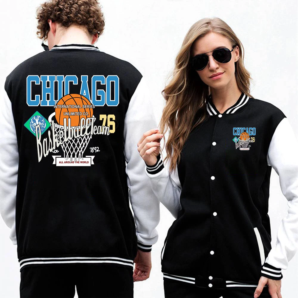 CHICAGO Basketball Printing Men Jackets Hip Hop Fashion Casual Bomber Coat  Loose Winter Autumn Male Breathable Baseball Uniform