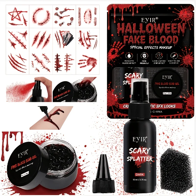 Kit Maquillage Faux Sang Complet – Spray, Pâte et Fausses Blessures 3D – photo 1