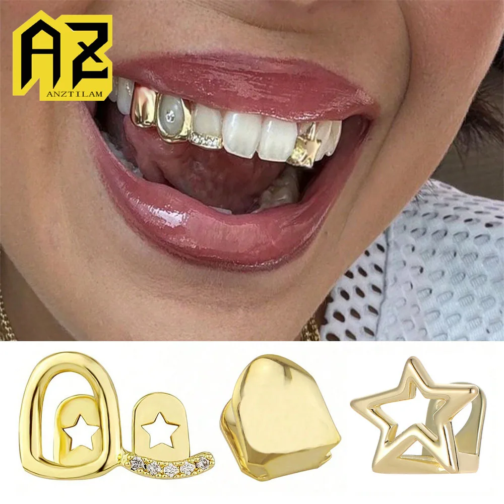 Anztilam Grills Set 3-Teeth Iced Out Grillz Full Zircon Tooth Shine Grill Men Women Hip Hop Tooth Grills Caps Brass Jewelry