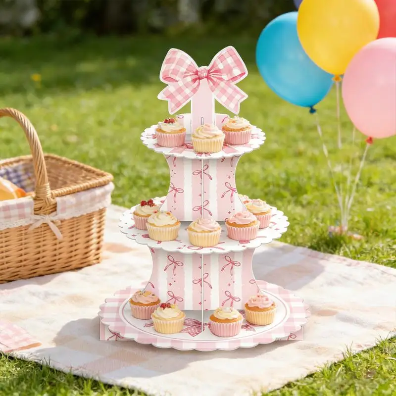 

3 Tier Cake Stand Cherry Bow Party Cake Display Stand Birthday Cupcake Bow Party Decoration For Kid Dessert Cake Rack
