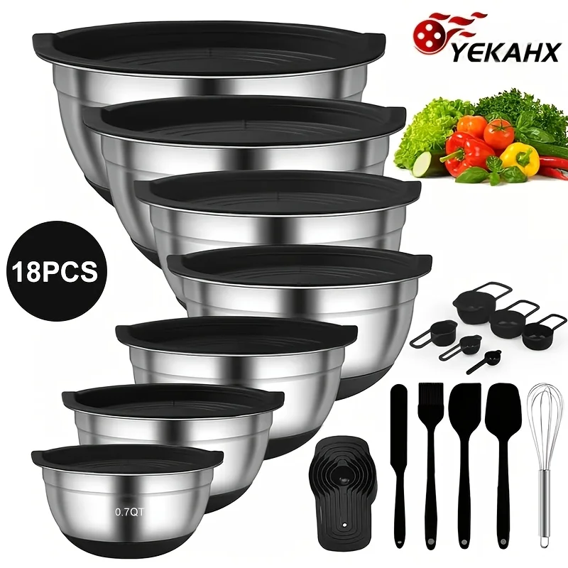 

18pcs Stainless Steel Mixing Bowl with Sealed Lid, Anti Slip Silicone Bottom, Suitable for Food Storage, Baking, Mixin
