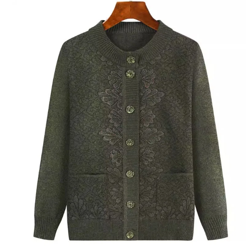 Middle-aged And Old Women Sweater Cardigan Spring Autumn Loose Knitwear Tops Big size Grandma Knitted Cardigan Sweater Coat 1797