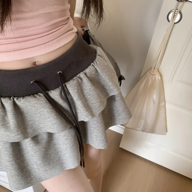 Y2K Lace-up Pleated Mini Skirts Drawstring Elastic Waist A-Line Skirts Korean Ruffles Patchwork Skirts For Women 2024 Summer