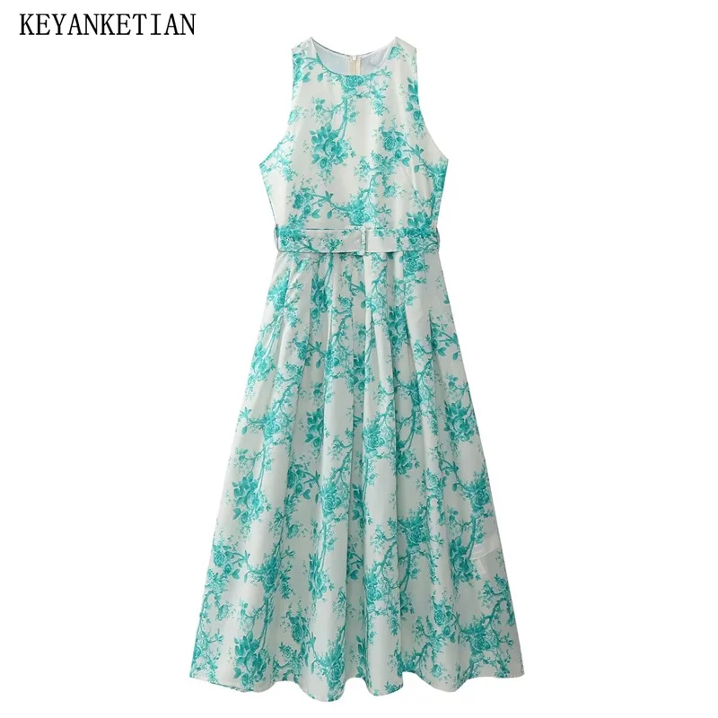 

KEYANKETIAN 2024 New Launch Pastoral style Flower Print With Belt Decoration Sleeveless MIDI Dress Women's Back Zipper Dresses