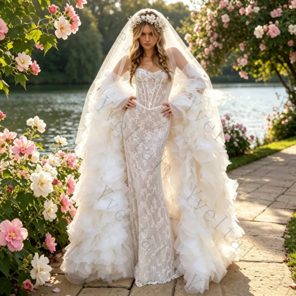 Customized Temperament Attractive Shiny Lace Strapless Wedding Dresses Fashion with Oversized Cape Slim Fit Mermaid  Bridal Gown