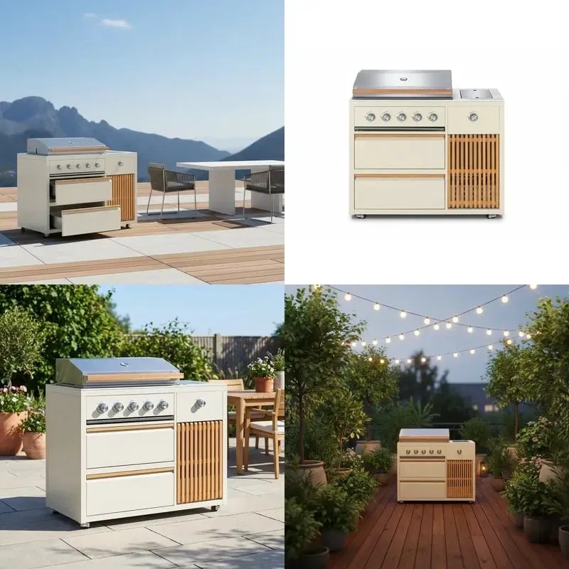 Modern Modular Stainless Steel Outdoor Kitchen Gas Grill with 5 Burners and Automatic Pop Up Drawers