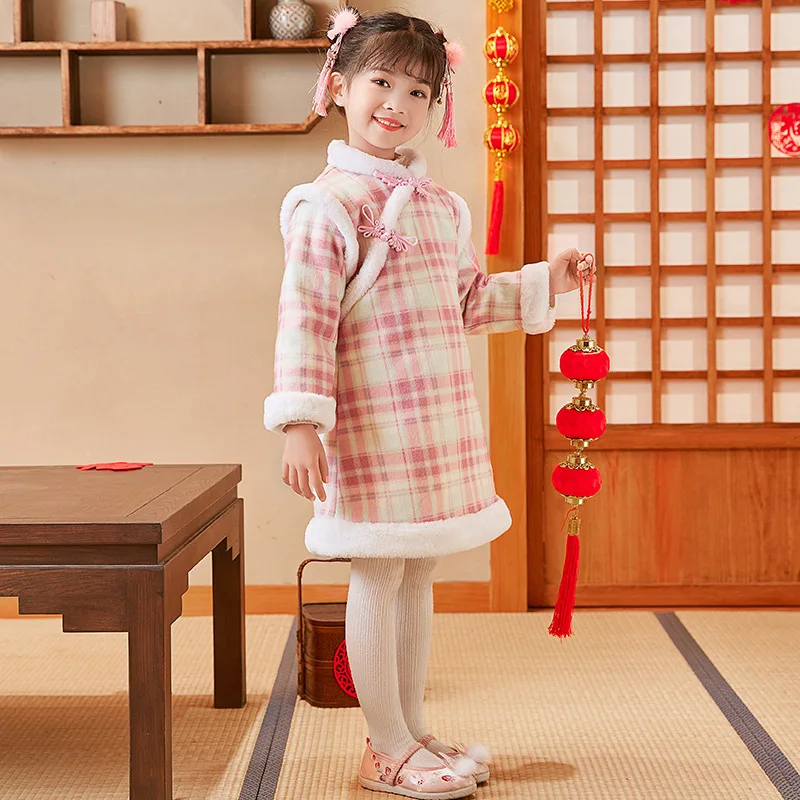 

Winter Pink Plaid Velvet with Fur Trim Long Seleeve Mid Length Thick Dress Chinese Style Girls's Cheongsam 3 To 8 Years Old