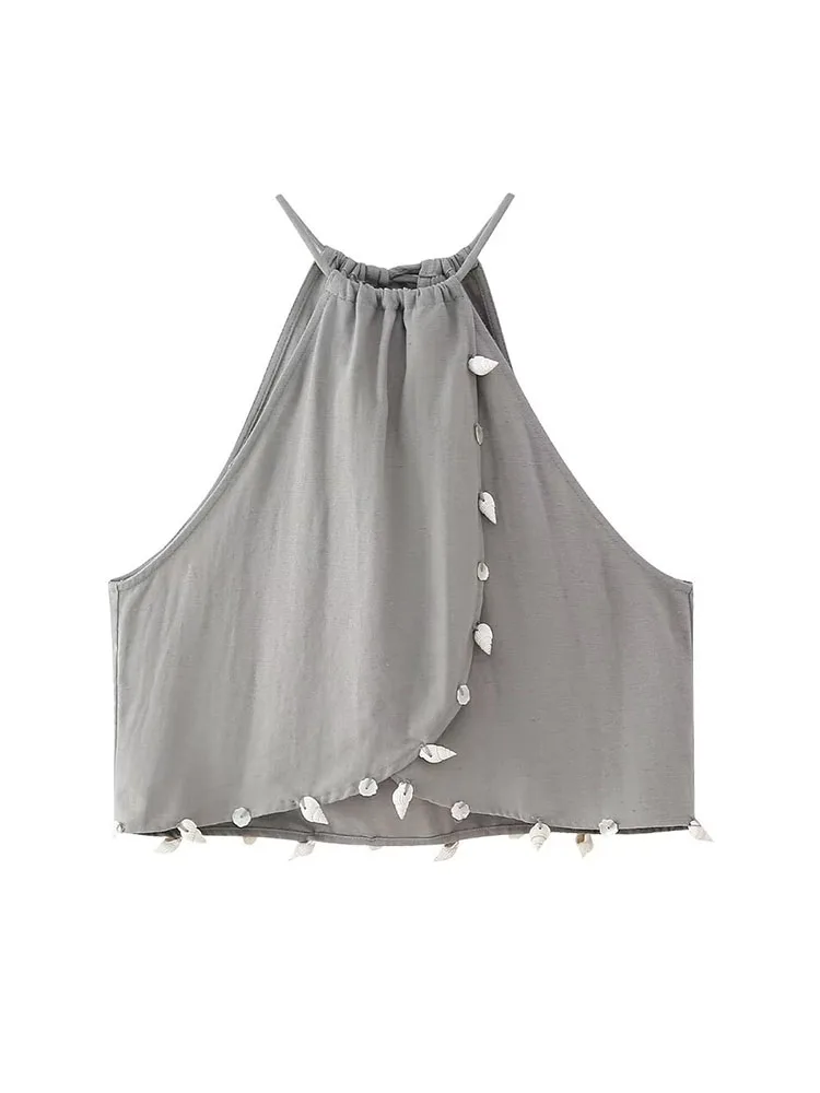 TRAF Elegant Summer Women's Solid Shell Suit Fashion Halter Collar Sleeveless Camis Top High Waisted Wide Leg Pants Set 2024