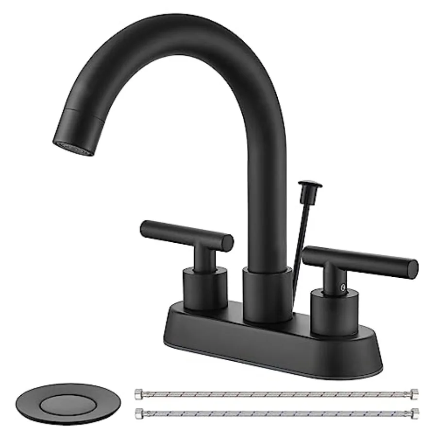 

4 Inch Centerset Bathroom Sink Faucet 3 Holes 2 Handle Bathroom Faucets with Lift Rod Drain Stopper Vanity Faucet 360° Swivel S