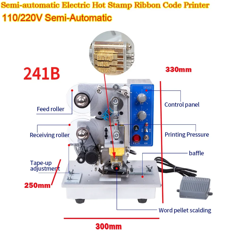 

Hot Foll Stamp Coder Expiry Date Coding Printer 241B Semi-Automatic Electric Color Heat Ribbon Printing Machine 220V 110V