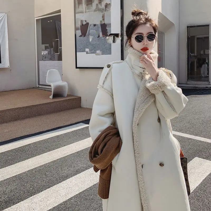 

Зимняя женская куртка из овечьей шерсти, пальто средней длины, теплая парка, свободное меховое пальто-комбинезон, верхняя одежда