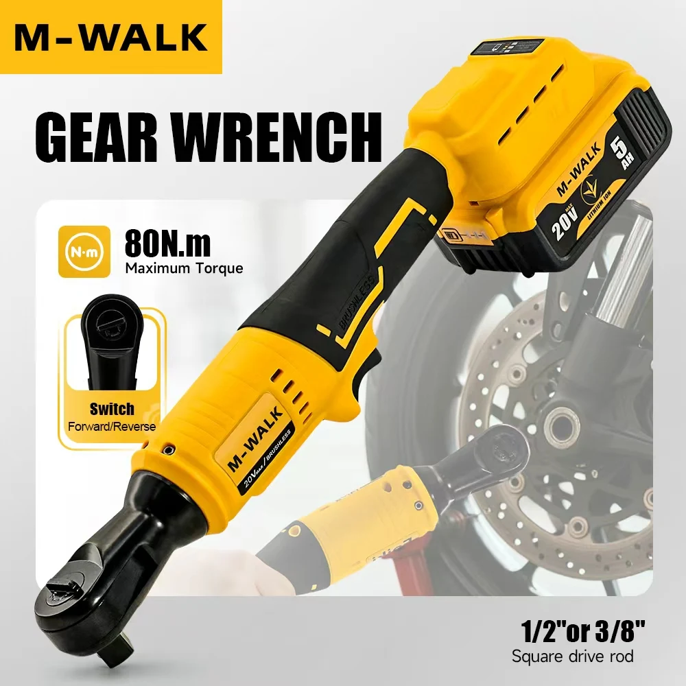 M-WALK 1/2 inch Electric Ratchet Wrench Brushless Cordless Driver 80N.m Right Angle Wrench Removal Screw Nut For 18/20V Battery