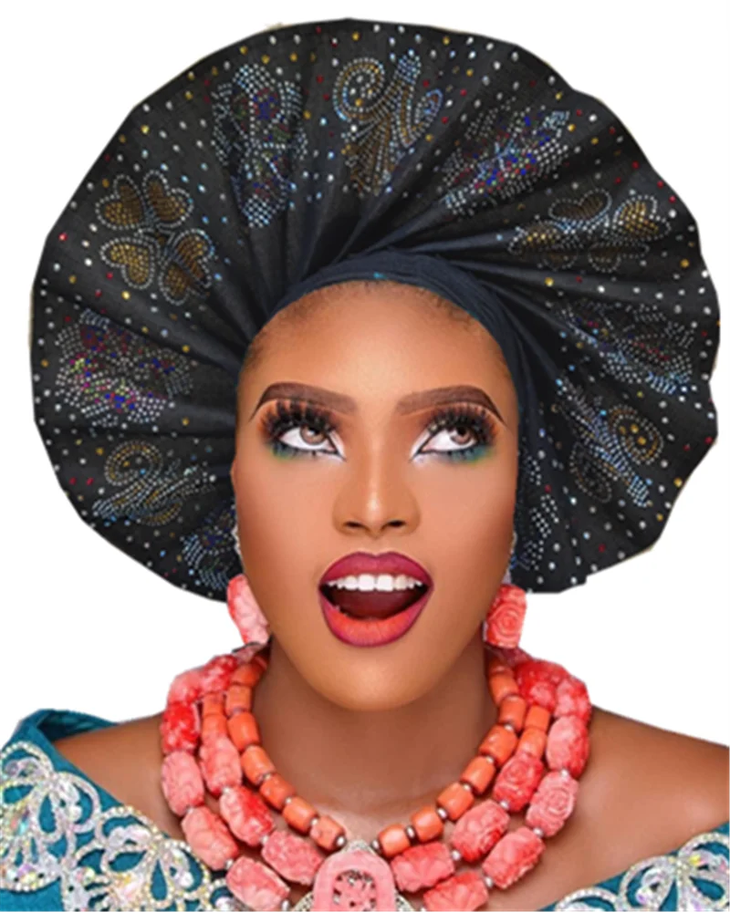 African Fan Auto Gele For Women Nigerial Stone Headwrap