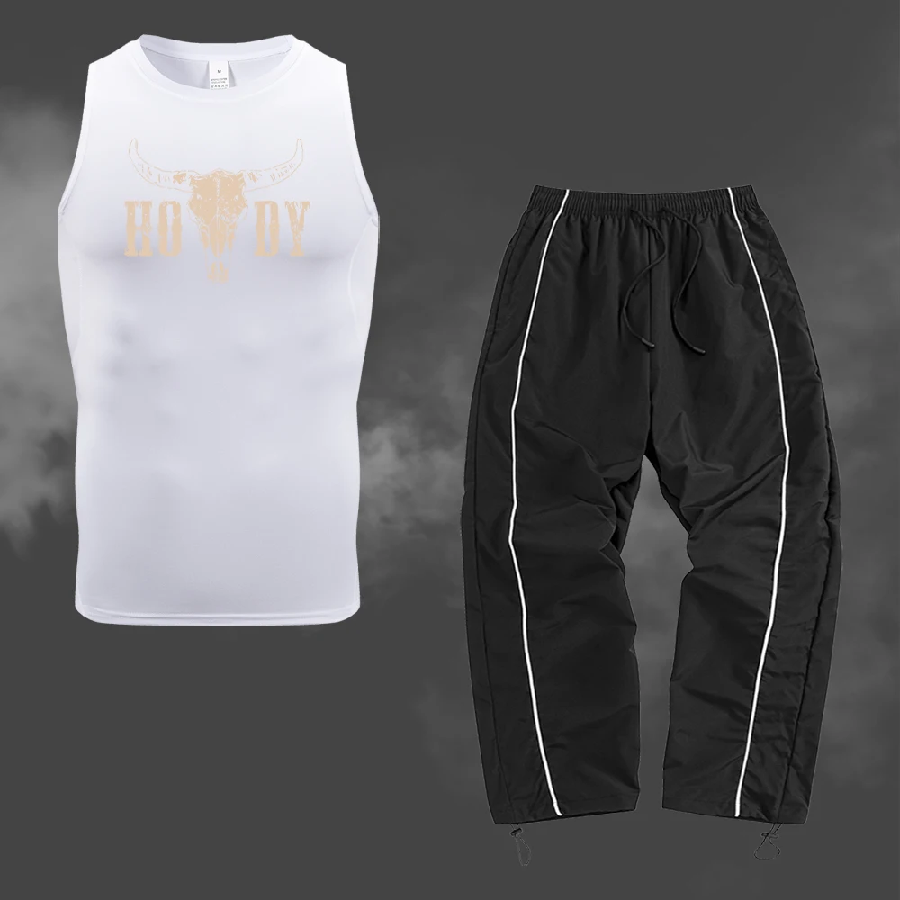 Men's Goat Print Quick Drying Compression Vest And Casual Trousers Two Piece Fashion Basic Suit For Vacation And Commute