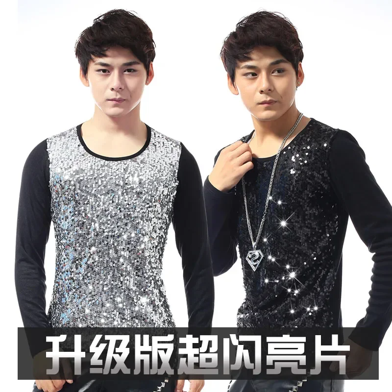 

Sequins Men's Slim Long Sleeve T-Shirt Nightclub Male Singer DS Fashion Costume Stage Dress Performance Costume