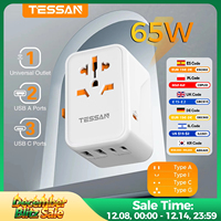 TESSAN 65W GaN Travel Adapter Universal Socket with 2 USB 3 Type C Fast Charging Internaitonal Power Adapter EU/UK/USA/AUS Plug