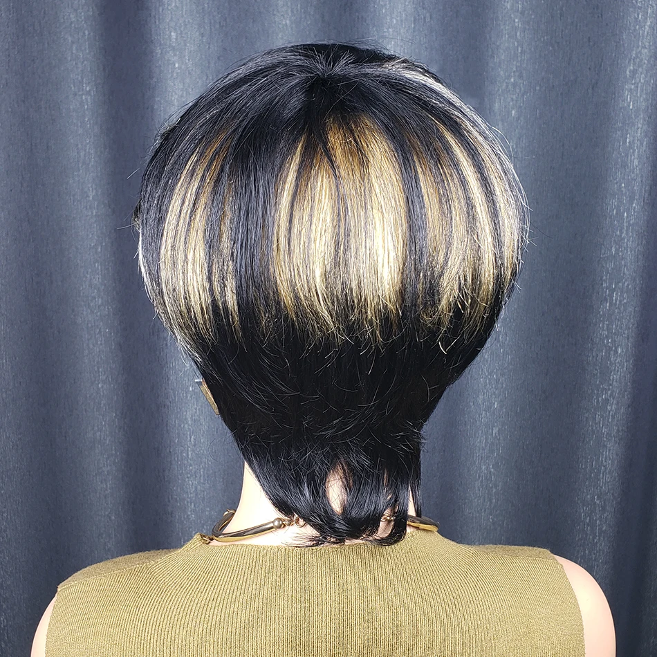 باروكة شعر بشري برازيلي مستقيمة ذات ألوان مختلطة، باروكات شعر بشري برازيلي، طبقات قصيرة مع غرة مقطوعة مسبقًا للنساء مصنوعة آليًا بالكامل