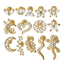 1pc 316L Surgical Steel Gold Plated CZ Ear Stud Ear Tragus Cartilage Helix Conch Lobe Piercing Labret Lip Ring Piercing Jewelry