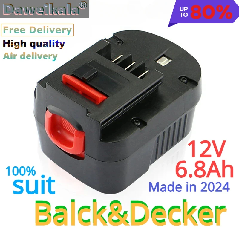 12V 6800mah Rechargeable Tool Battery for Black & Decker A12 A12ex Fsb12 Fs120b A1712 Hp12k HP12 Lithium Ion Replacement Dri