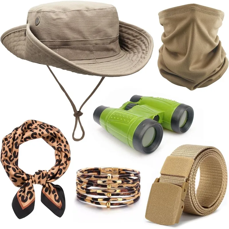 

6PCS Safari Costume Outfit for Women Sun Bucket Hat Leopard Scarf Tactical Belt Binoculars Accessories Set for Halloween Cosplay