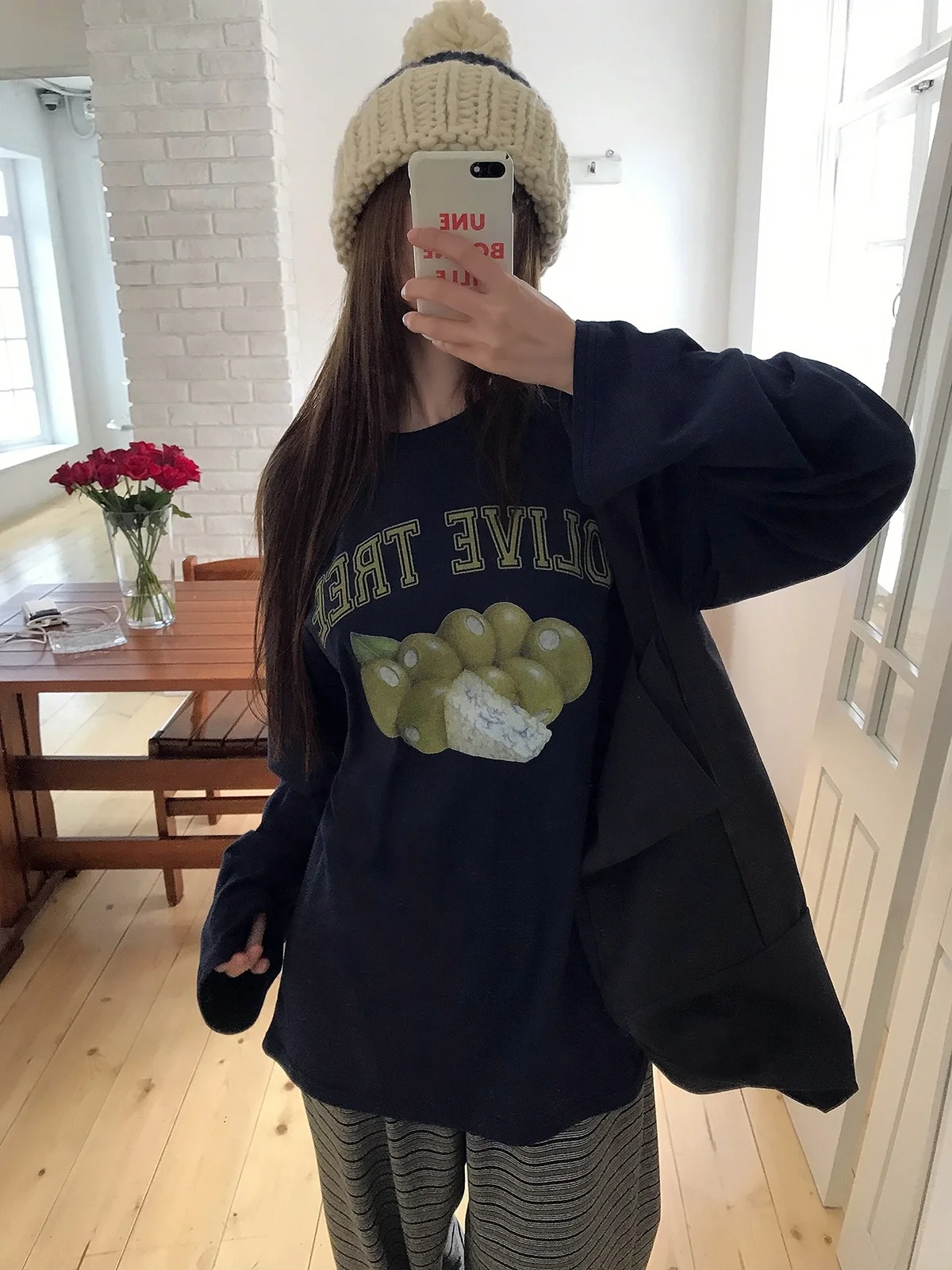 Sakura Olive Tree Korean Style College Print Loose Versatile Long Sleeve Tee Comfortable Pure Cotton Base Shirt for Girls