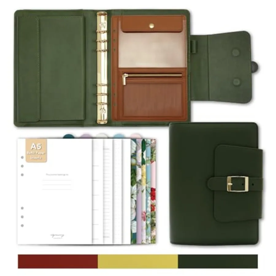 

Belt Strap Closure A5 PU Leather Planner 5.8" x 8.3" Refillable 6-Ring Binder with 80 Sheets Dividers and Removable Storage Pou