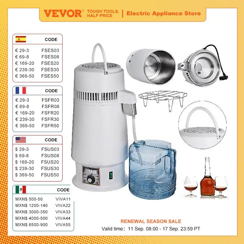 VEVOR Destilador de Agua de Acero Inoxidable 750W Destilación de Alcohol Destilador de Agua Destilador de Alcohol de 4L con Botella de Vidrio de