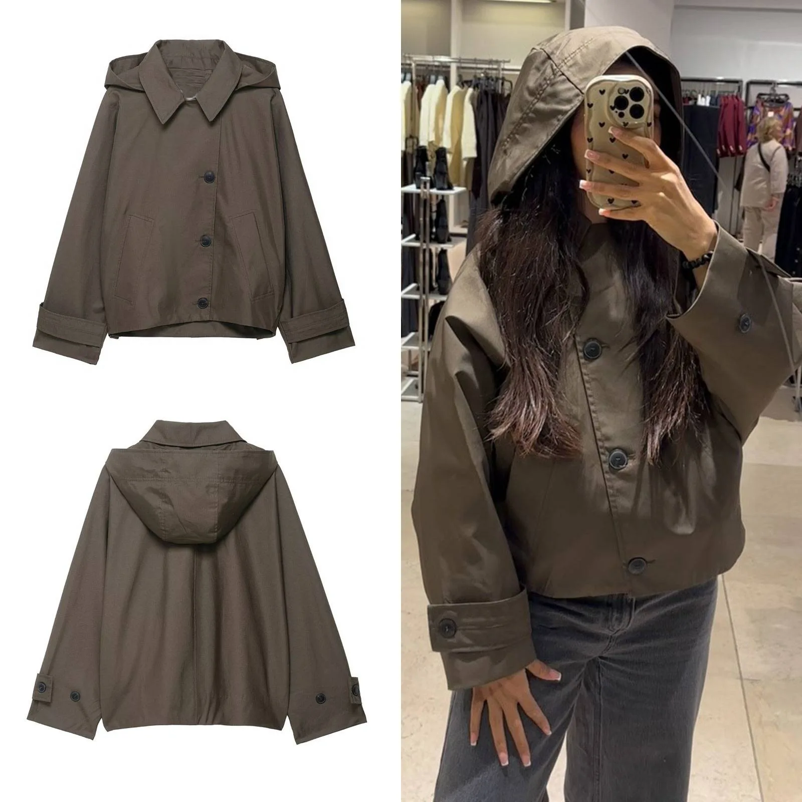 

Autumn Fashion Hooded Windbreaker Vintage Women's Trench Coat Jacket Oversized Single Breasted Short TRENCH Outerwear