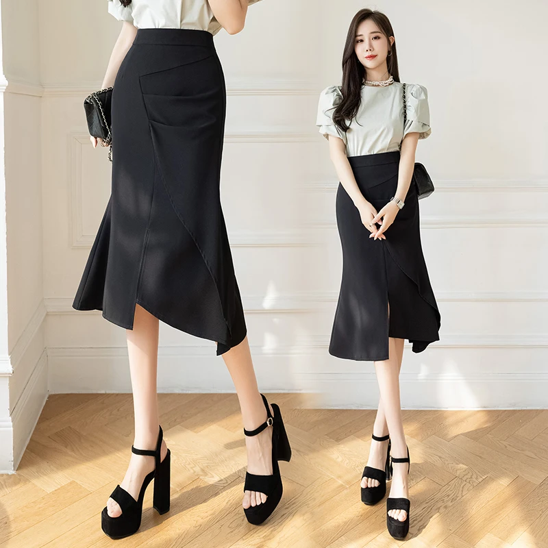 

Korean Ofiice Lady Elegant High Waist Midi Skirt Women Fashion Asymmetric Folds Package Hip Skirt Female Chic Mid-length Skirts