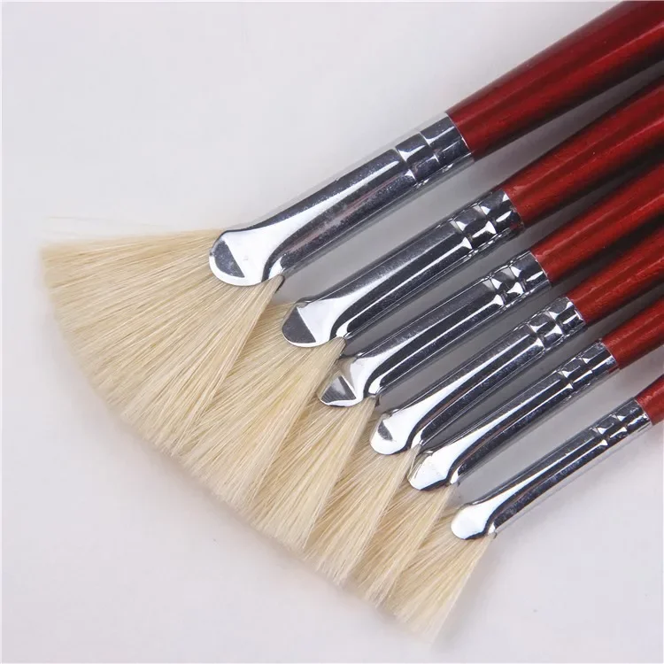 6 pcs/suits red Wood rod acrylic painting brush pig bristle fan shpe oil painting brush pen Art painting supplies  material