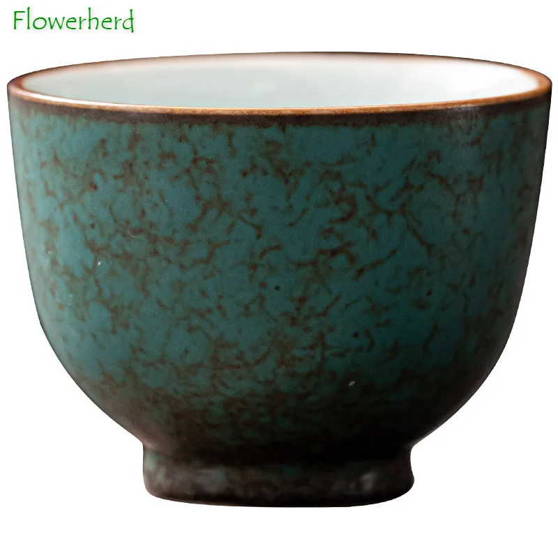 Retro Green Flower Glaze Ceramic Tea Cup Teaware Kung Fu Tea Set Small Master Cup Coarse Pottery Teacup Chinese Tea Set Cup