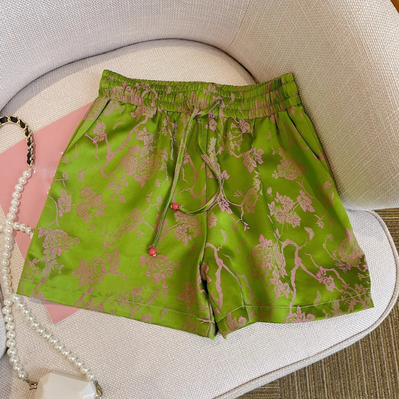 

Summer Women Vintage Dobby Floral Green Wide Leg Shorts , Woman Imitation Silk Jacquard Flower Stretchy High Waisted Shorts