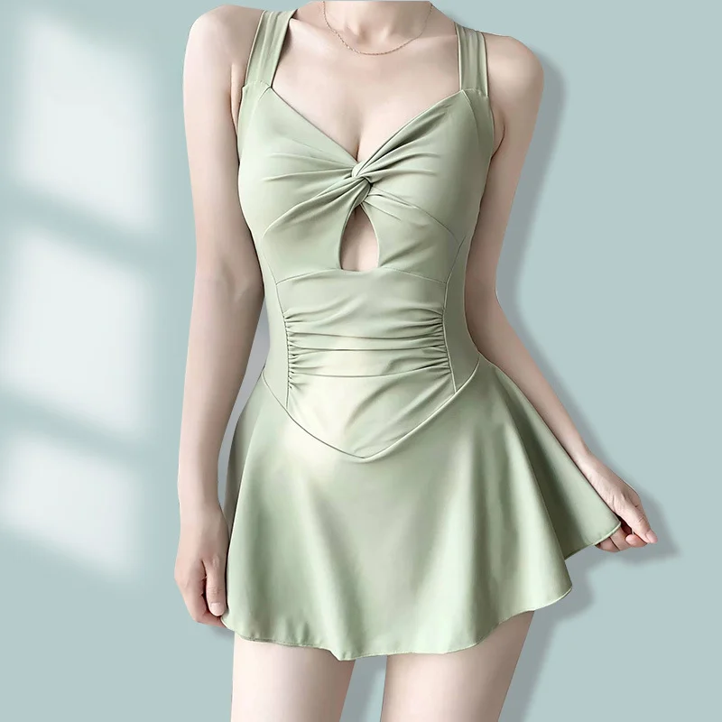 Swimming Suit for Women Solid Color Slimming One-piece Dress Style Conservative Waist Tightening Slimming Vacation Swimsuit image 3