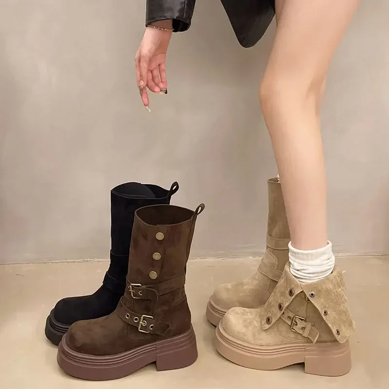 Designer's New Women's Long Boots, Fashionable Height Increasing Outdoor Knight Boots, Retro Waistband Buckle Women's Shoes