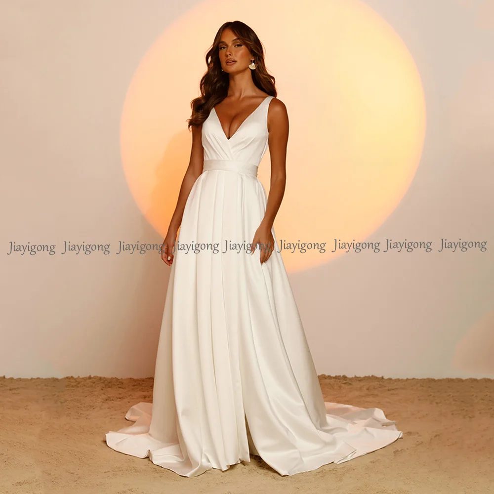 Jiayigong Ivory Wedding Dress Custom Sexy Double V Neck Sleeveless Back Zipper with Buttons Sweep Train Simple Satin Bridal Gown