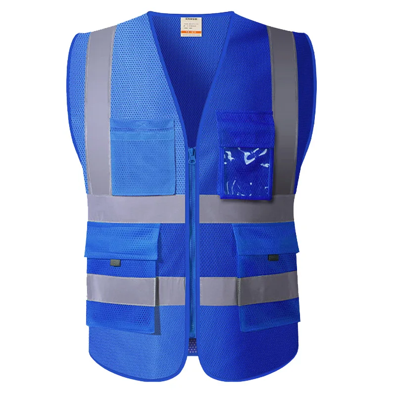 Blue Motorcycle Safety Reflective Hi Vis Vest With Zipper And Pockets Breathable Mesh Waistcoat